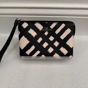 COACH Black and Cream Wild Plaid Print Patterned Wristlet Clutch
